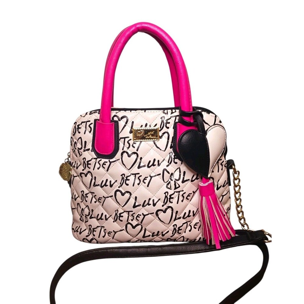 Luv Betsey Betsey Johnson Quilted Hearts Satchel Crossbody Bag White Pink Black